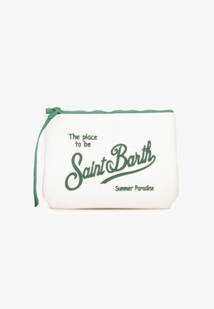 Piccola pochette bianca con zip, rifinita in verde e con testo ricamato "The place to be Saint Barth Summer Paradise."