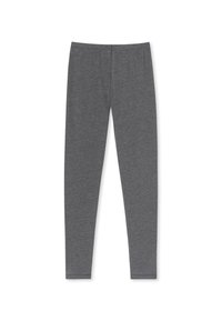 Grå leggings lavet af blødt, strækbart stof. De har en elastisk talje og et slankt, tætsiddende design uden lommer eller dekorationer.