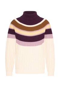 Stickad turtleneck-tröja i krämfärg med lila, bruna och pastellfärgade ränder. Ribbad textur, långa ärmar och avslappnad passform.
