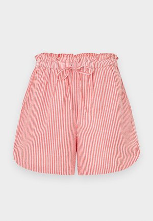 Red and white striped shorts with an elastic waistband and drawstring tie. Features a relaxed fit and a smooth texture.