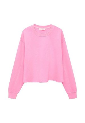 Pink cropped sweatshirt with long sleeves. Features a round neckline and soft, smooth texture. Simple design with no additional patterns or accents.