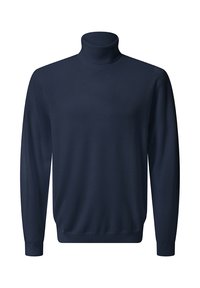 Marineblauer Rollkragenpullover aus glattem Strickstoff mit geripptem Kragen und Bündchen. Lange Ärmel und taillierte Silhouette. Keine Muster oder Akzente.