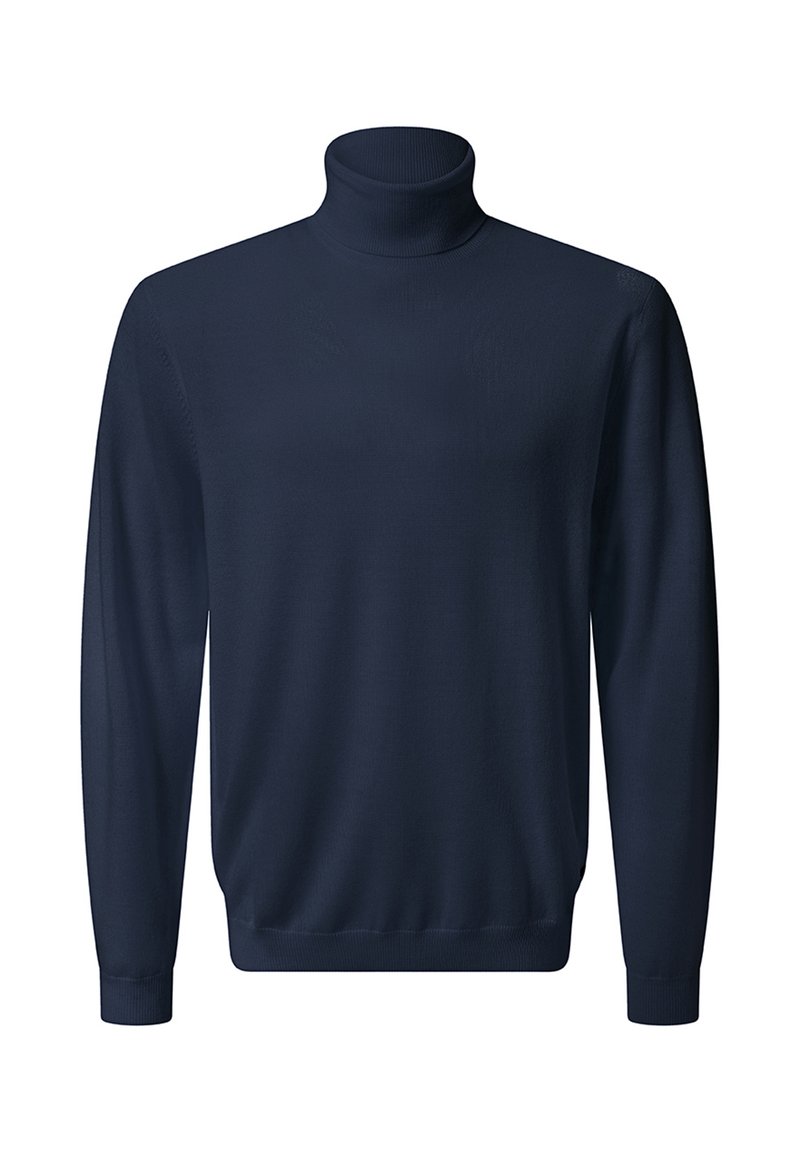Marineblauer Rollkragenpullover aus glattem Strickstoff mit geripptem Kragen und Bündchen. Lange Ärmel und taillierte Silhouette. Keine Muster oder Akzente.