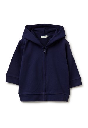 Navy blue toddler hoodie with front zipper, long sleeves, and a hood, displayed on a white background.