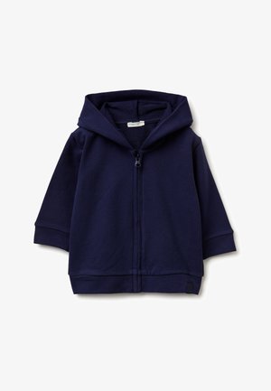 Navy blue toddler hoodie with front zipper, long sleeves, and a hood, displayed on a white background.