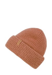 Megzta kepurė švelnios koralinės spalvos su tekstūruotu raštu. Yra sulankstytas kraštas ir mažas ženklintas odinis etiketas.