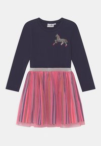 Navy long-sleeve dress with a sequined horse design, featuring a pink and striped tulle skirt and a silver waistband.