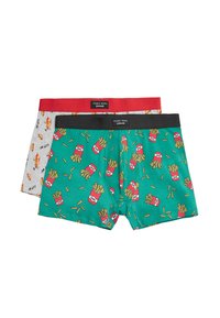 Dos pares de bóxers para hombres, uno verde con cinturilla roja y un patrón de papas fritas, y otro gris con cinturilla roja y un patrón de perrito caliente con el texto "Eat Me".