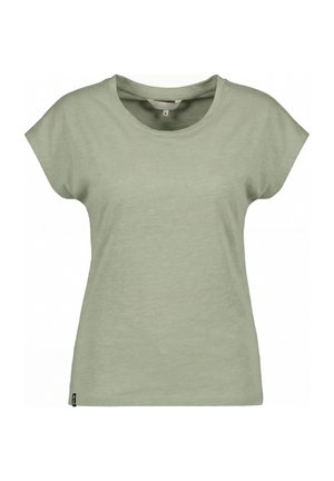 Light green short-sleeve women’s T-shirt with round neck, relaxed fit, and small black label on bottom hem.