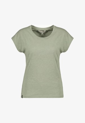 Light green short-sleeve women’s T-shirt with round neck, relaxed fit, and small black label on bottom hem.