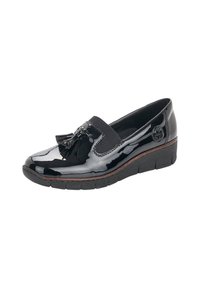 Mocassin en cuir verni noir avec des glands, côtés élastiques, semelle intérieure rembourrée et semelle en caoutchouc texturé présentant un léger coin plateforme.
