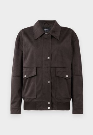 Brown faux suede jacket with a button-up front, large chest pockets, and ribbed cuffs. Features a classic collar and a relaxed fit.