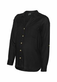 Schwarze Langarm-Button-Up-Bluse aus glattem Stoff, mit zwei Brusttaschen und goldenen Knöpfen, mit einem abgerundeten Saum und hochgerollten Ärmeln.