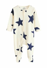 Surpy en coton blanc à côtes pour bébé avec un motif d'étoiles bleues, manches longues, fermeture éclair intégrale et design avec pieds.