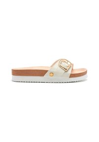 Sandale à glissière beige avec une bride texturée et une boucle dorée. Comprend une semelle intérieure brun clair et une semelle extérieure en caoutchouc blanc avec un bord cranté.