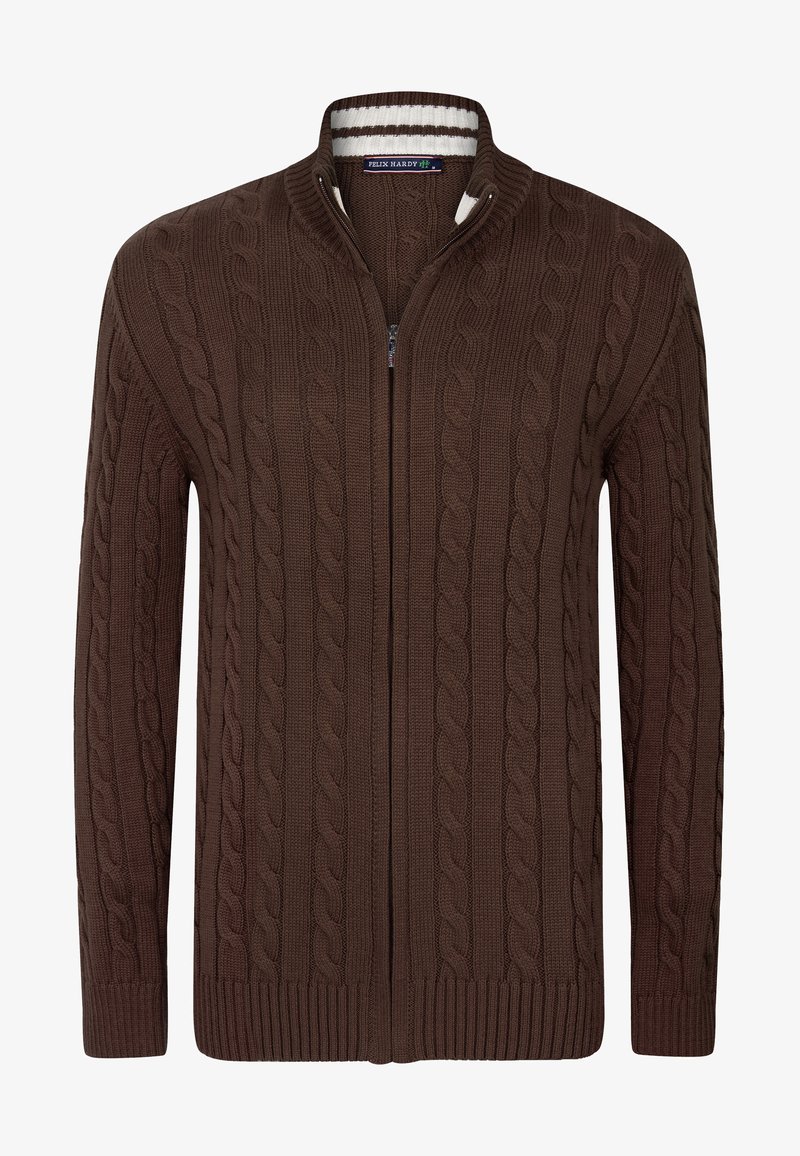 Brauner gestrickter Zip-Up-Cardigan mit Kabelmuster, ausgestattet mit gerippten Bündchen und Saum sowie einem gestreiften Kragen. Der Stoff scheint strukturiert zu sein.