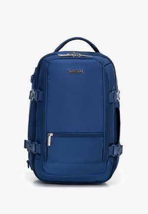 Zaino blu in tessuto con più cinghie, una tasca frontale con zip, un manico superiore e tasche laterali, progettato per funzionalità e durata.