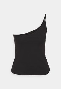 Zwarte top met één schouder, gemaakt van zacht, rekbaar materiaal; aangesloten ontwerp met een gladde textuur en strakke lijnen. Geen zichtbare patronen of hardware.