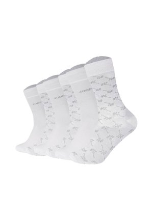 Fünf Paar weiße Knöchelsocken mit grauen Blumenmustern sowie grauen Zehen und Bündchen, in einer fächerförmigen Anordnung.