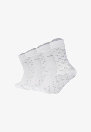 Fünf Paar weiße Knöchelsocken mit grauen Blumenmustern sowie grauen Zehen und Bündchen, in einer fächerförmigen Anordnung.