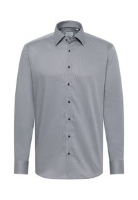 Langslippenshirt in een blauw-wit geometrisch patroon, met een button-down kraag en zwarte knopen aan de voorkant.