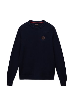 Navy knitted sweater featuring a crew neck, ribbed cuffs and hem, with a small round logo patch on the chest.