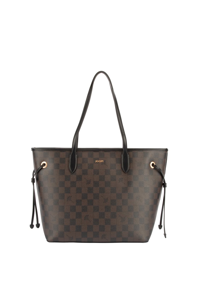 Brun schackrutig tygkasse med svarta handtag, guldfärgade metalldetaljer och dragskoöppning; tillverkad av texturerat syntetmaterial.