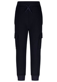 Schwarze Jogginghosen aus weichem Material mit einem Kordelzugbund und Cargo-Taschen an beiden Seiten sowie elastischen Bündchen an den Knöcheln.