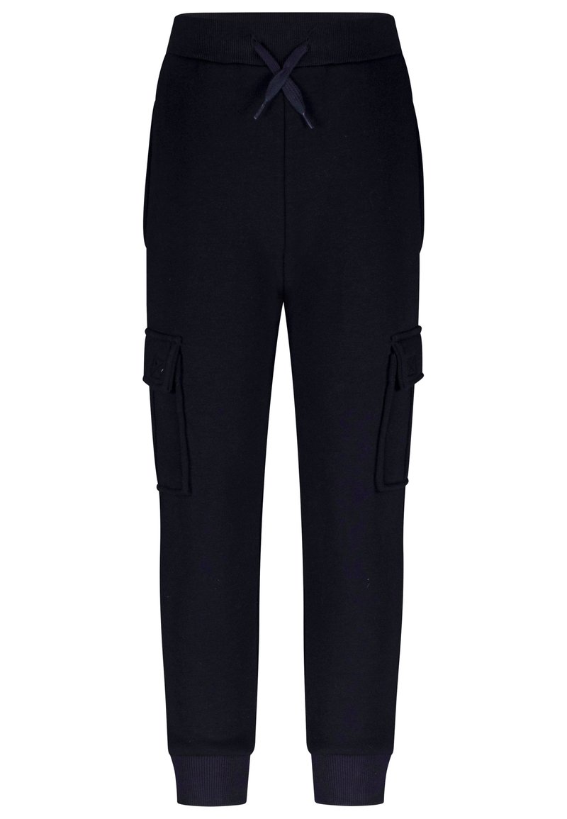 Schwarze Jogginghosen aus weichem Material mit einem Kordelzugbund und Cargo-Taschen an beiden Seiten sowie elastischen Bündchen an den Knöcheln.