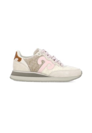Sneakers beige chiaro realizzati in suede e pelle. Accenti rosa ben visibili e un design curvo in rilievo sul lato. Suola in gomma.