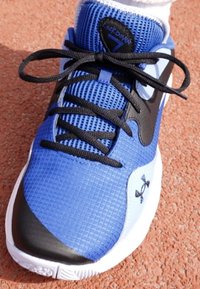 Blue athletic shoe with mesh upper, black accents, and black laces. Textured surface with logo on side and white sole.