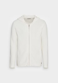 White, textured zip-up hoodie with a hood. Made from knitted fabric, featuring long sleeves and a smooth zipper closure.