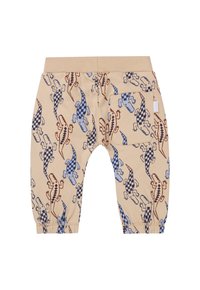 Pantalons en coton beige ornés d'un motif de lézards bleus et marrons. Taille élastique et poignets aux chevilles, avec une petite poche à l'arrière.