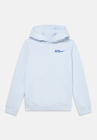 Világoskék kapucnis pulóver, puha anyagból készült, elülső zsebből áll. A bal felső részen "INTER" felirat és Nike pipa kék színben.