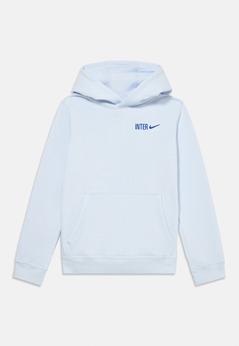 Világoskék kapucnis pulóver, puha anyagból készült, elülső zsebből áll. A bal felső részen "INTER" felirat és Nike pipa kék színben.