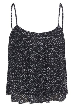 Czarny plisowany top bez rękawów z cienkimi ramiączkami i małym białym kwiatowym wzorem na całej powierzchni.