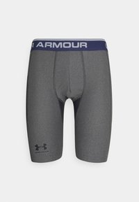 Shorts de sport gris au design ajusté, fabriqués en matériau lisse. Dotés d'une ceinture élastique marine avec le texte "ARMOUR" et des accents noirs.