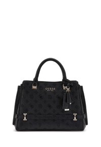 Borsa a mano in pelle nera con motivo logo embossato. Caratterizzata da manici doppi, dettagli metallici e un'etichetta portachiavi. Forma quadrata e finitura testurizzata.