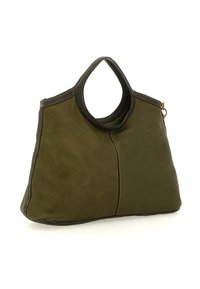 Borsa in pelle verde oliva con manici rotondi, cuciture a contrasto e una forma spaziosa e strutturata. Texture liscia, hardware minimal.