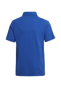 Blaues Kurzarm-Polohemd mit Kragen, aus einem strukturierten, atmungsaktiven Stoff. Verfügt über Seitennähte und einen geraden Saum.