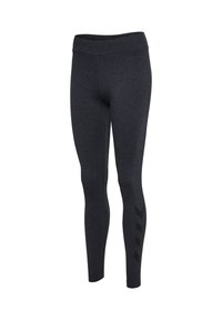 Dunkelgraue, enganliegende Leggings mit hohem Bund und schwarzem Chevron-Muster am unteren linken Bein.