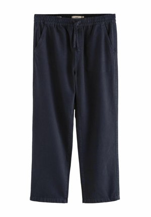 Pantaloni casual blu navy con vita elastica e coulisse, dotati di tasche laterali e vestibilità a gamba dritta.
