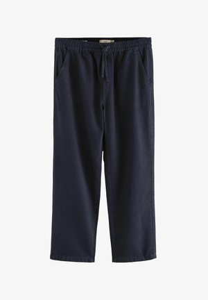 Navy blue casual pants with elastic waistband and drawstring, featuring side pockets and straight-leg fit.