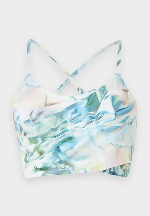 Vista frontal de um top de bikini cortado em tecido iridescente multicolorido com alças cruzadas, apresentando um padrão ondulado em tons de azul e verde.