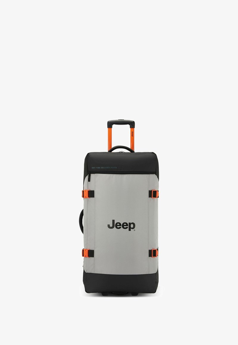 Zaino grigio con ruote, dotato di un top nero, dettagli arancioni e il logo Jeep. Include cinturini di compressione e un manico retrattile.