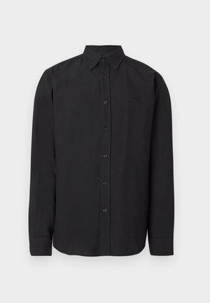 Zwart shirt met lange mouwen en een button-down kraag, gemaakt van gladde stof met een subtiel logo. Voorzien van knopen aan de voorkant en manchetten aan de mouwen.