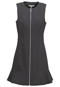 Robe noire sans manches avec une fermeture éclair à l'avant, des panneaux structurés, des poches latérales et un ourlet évasé. Confectionnée dans un tissu lisse sans motifs.