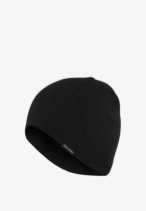 Melna adīta beanie cepure ar vienkāršu ribotu tekstūru un saliekamu maliņu. Satur nelielu zīmola birku sānos.