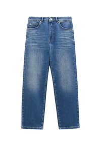 Light blue denim jeans with a relaxed fit, straight legs, five pockets, and subtle fading on the front and back.