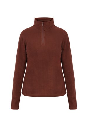 Brun fleece pullover med høj krave og kvart-zip lukning. Lange ærmer og en glat tekstur, med et minimalistisk design.